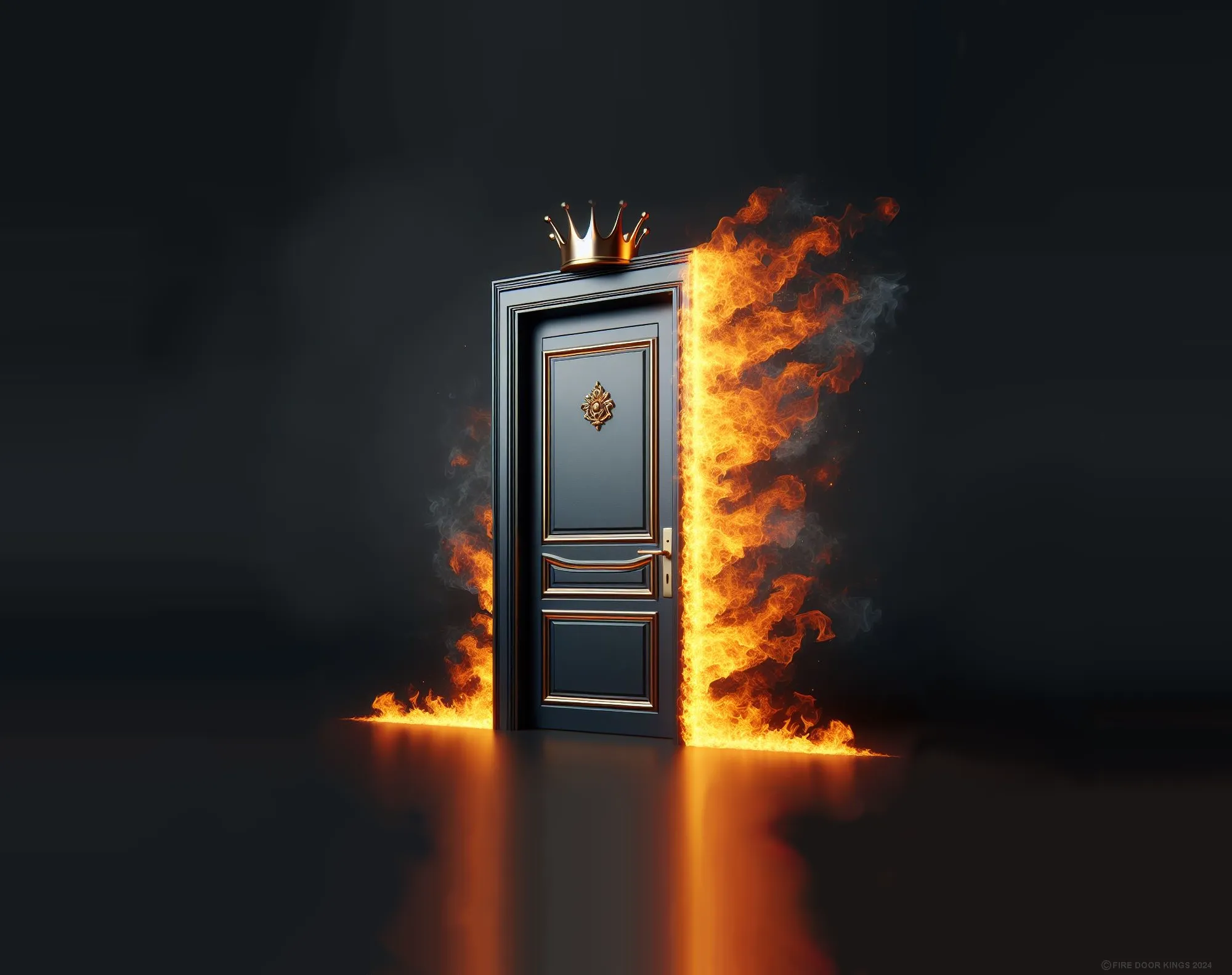 Potent image of a flaming door with a crown, this is the firedoor king's logo